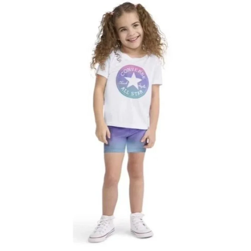 Converse 18 Month 2-Piece Set Girls White Tee & Purple Biker Short Youth New